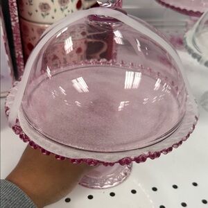 Pink Glass Cake Stand with Dome